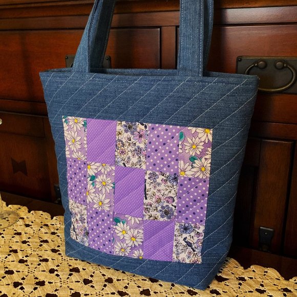Handmade Denim and Lavender Floral Patchwork Quilted Tote Bag with Zip Closure - Picture 2 of 9
